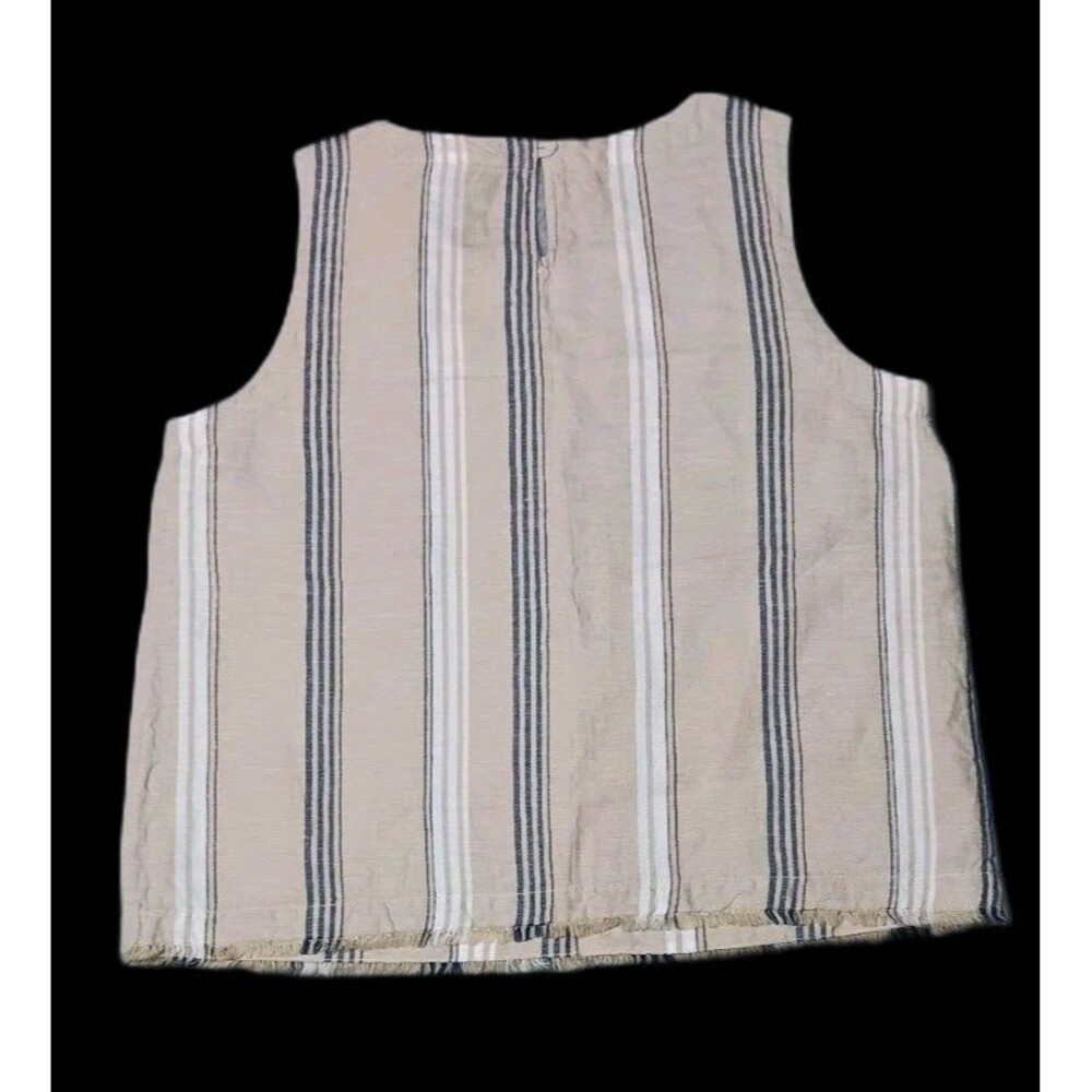 Liz Claiborne Linen Blend Sleeveless Tank Top Medium Beige Striped Fringe Beach - Picture 11 of 12